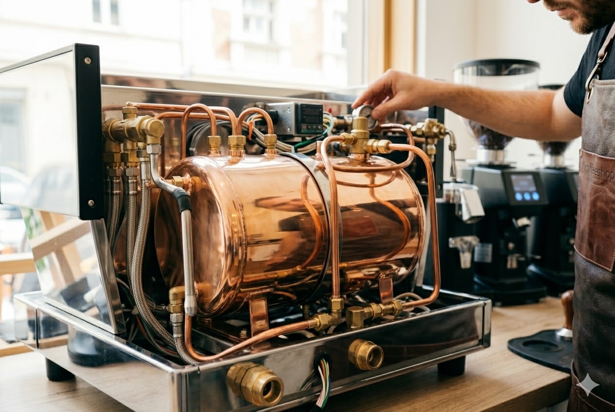 Ảnh chụp thực tế bên trong máy pha 2 Group với nồi hơi đồng 11L sáng bóng.